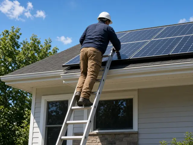 Technician on a ladder working on rooftop solar